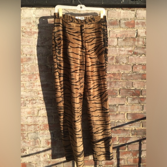 WOMENS FOCUS 2000 SEXY ANIMAL PRINT PARTY HOLIDAY PANTS BLACK BROWN TAN 8 - Picture 1 of 4